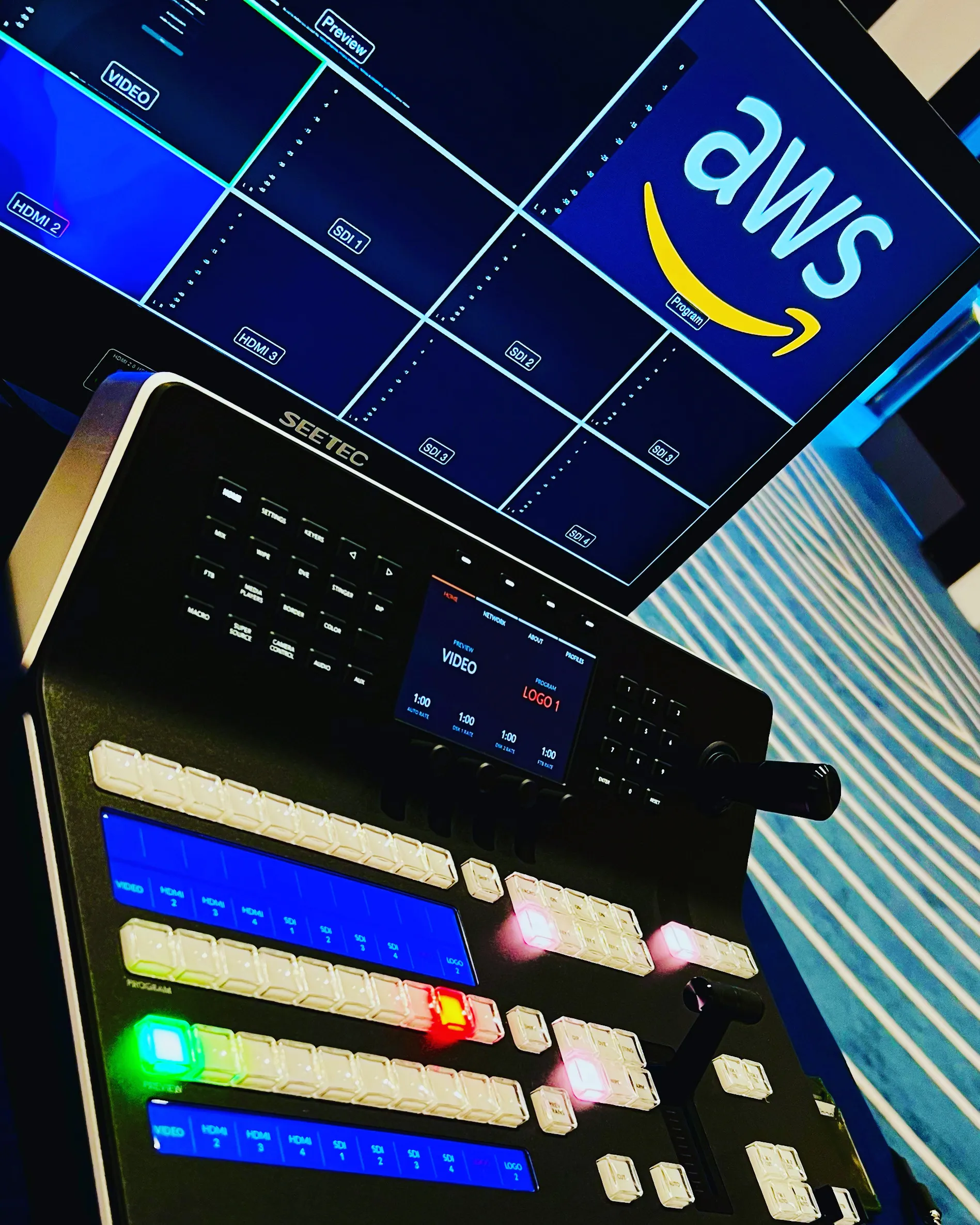 Video switcher control surface in front of a multiviewer displaying event content