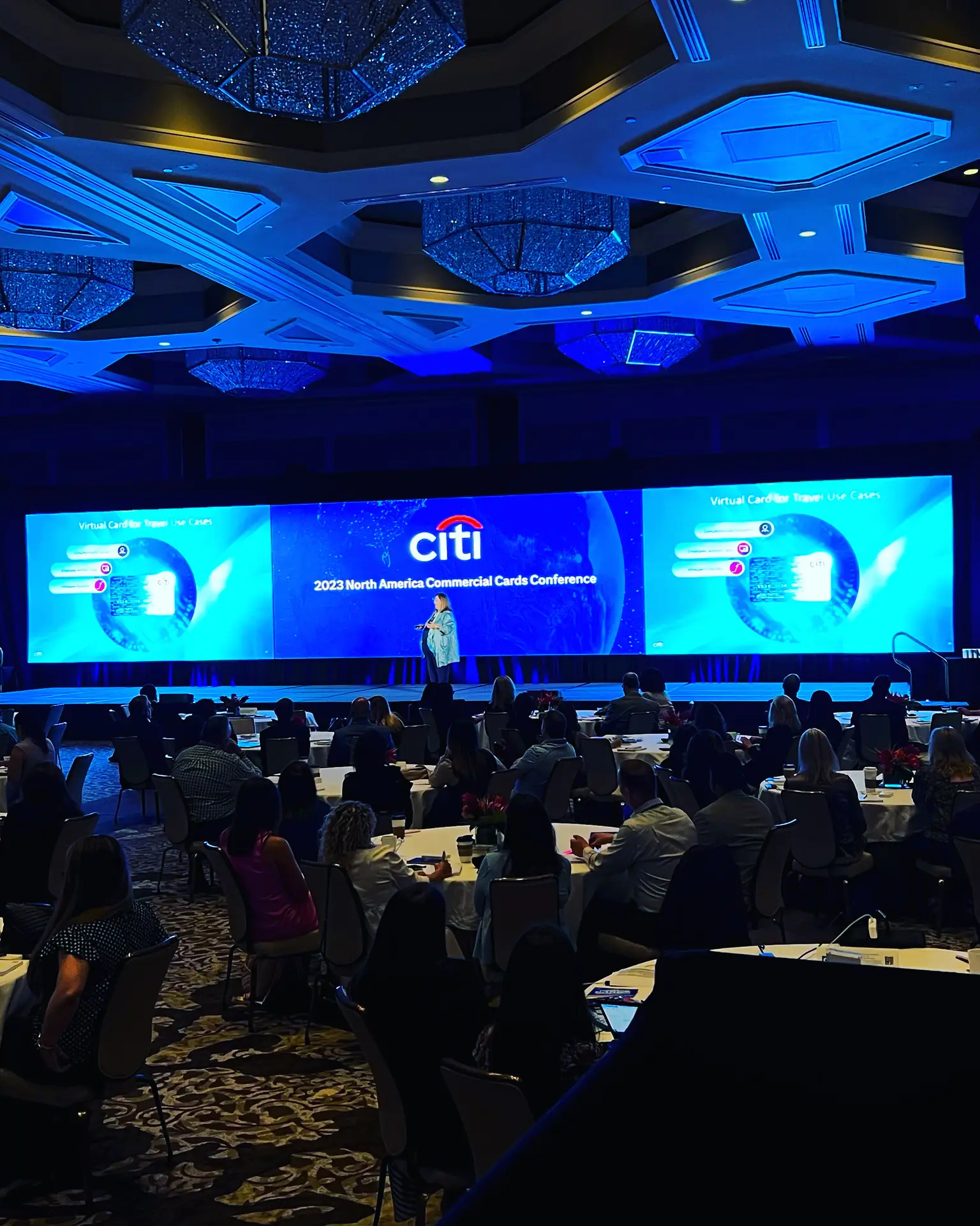Wide panoramic screen and full audience at a financial services conference