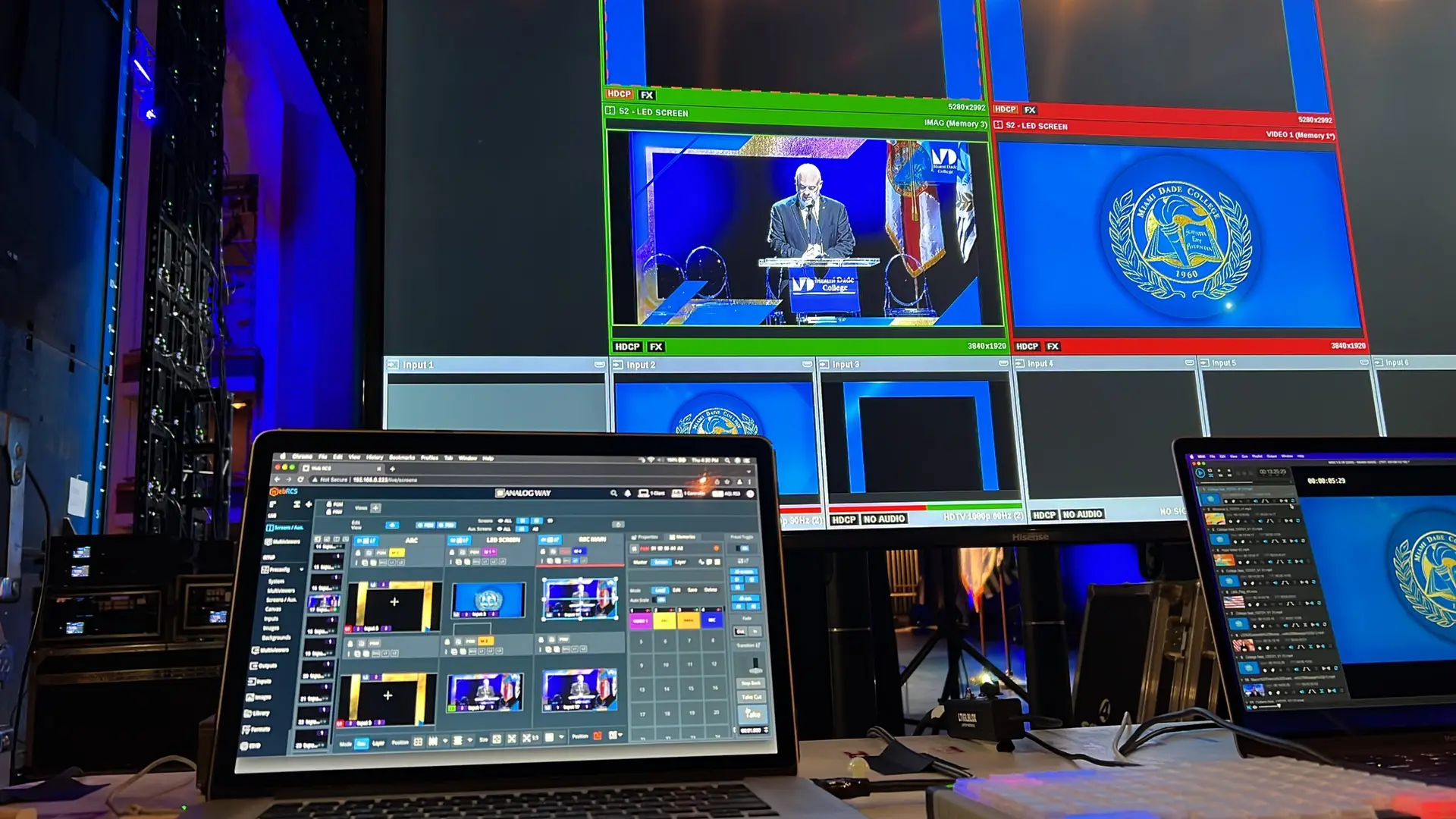 Multiviewer and control laptops monitoring several live camera feeds