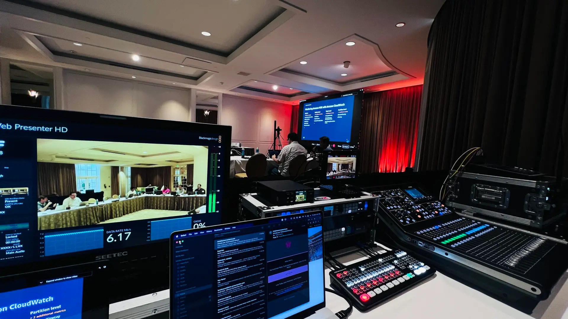 Front-of-house position with audio console and confidence monitors