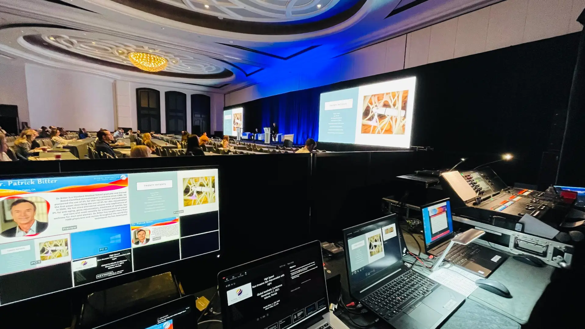 Ballroom set with projection screen and technical control station